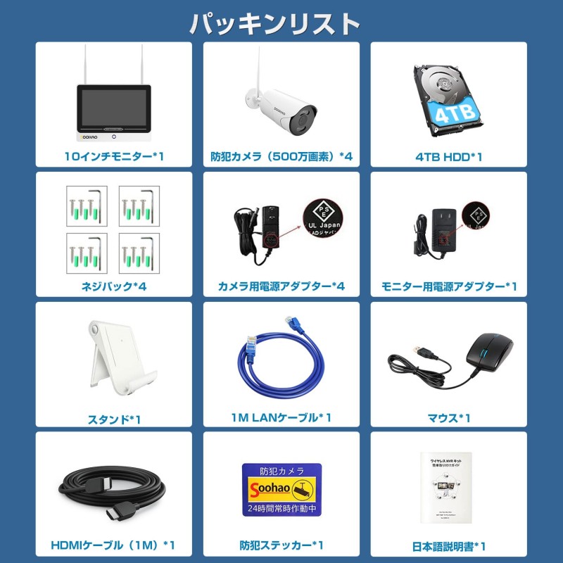 SOOHAO ワイヤレス防犯カメラ ４台セット 500GB　W400-BS-4 41bgRUIlx1L.jpg